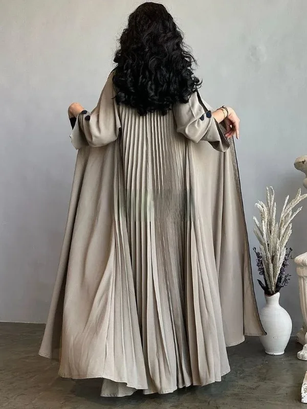 

Contrast Color Dubai Abaya Pleats Back Tailored Collar Split Cuffs Muslim Women Coat Kimono Modest Islamic Clothing Ramadan Eid