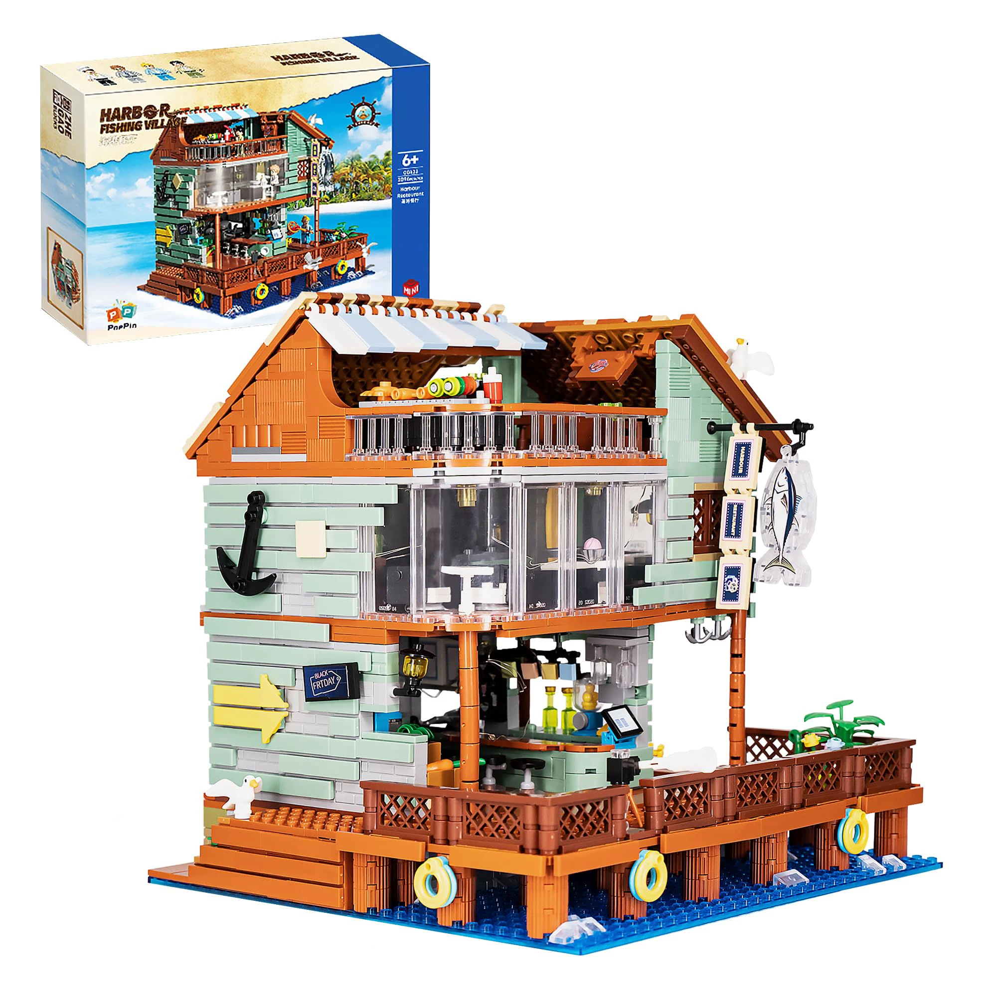 2096PCS Harbor Restaurant Building Blocks Seaside Street View House Construction MOC Bricks Desktop Deco Kids DIY Toys Gifts