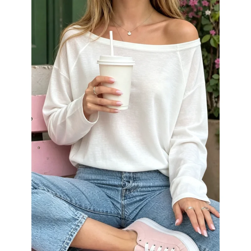 New Preppy Chic Women's Long Sleeve T-shirt Spring and Autumn Loose Casual Slash Neck T-Shirts Solid Color Base Tee Tops