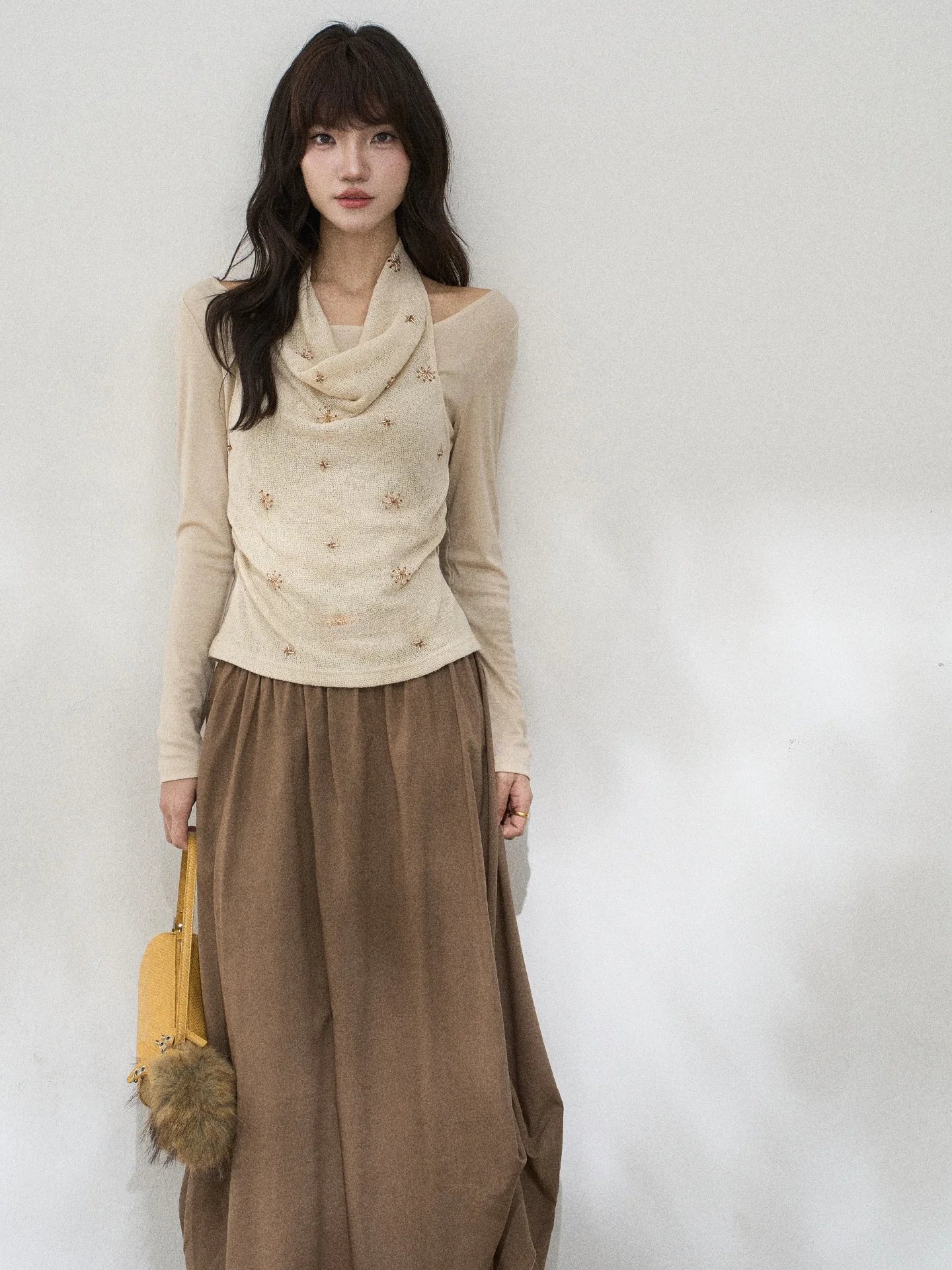 

Flower7 Design Knitted Top Women's Spring Hanging Neck Splice Fake Two-Piece Knitwear Floral Pattern Korean Style Regular Fit
