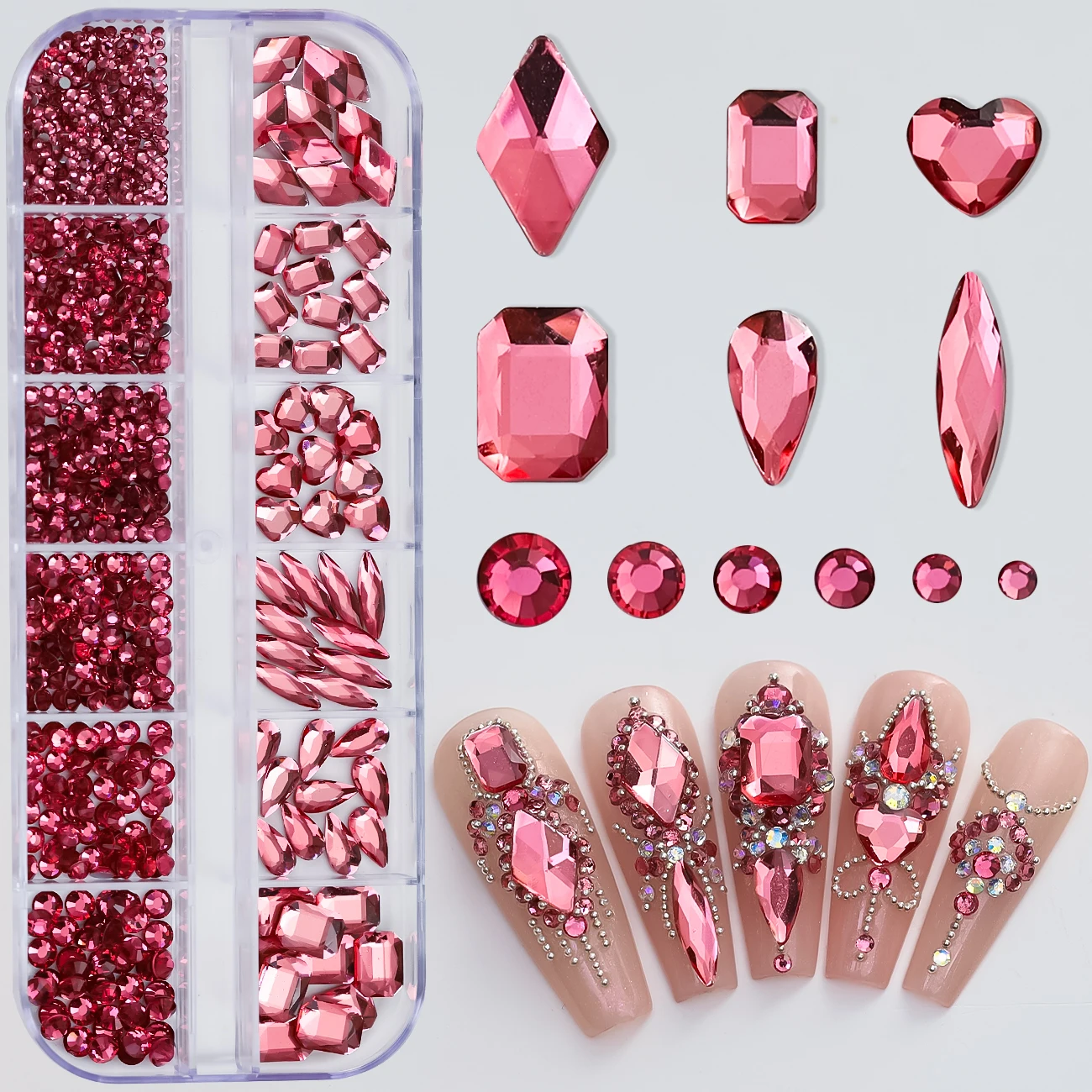 12Grid(About900+pc) 3D Rose Red Nail Art Rhinestones Mixed-Shapes Flatback Glass Diamond Nail Charms DIY Manicure Accessories PH