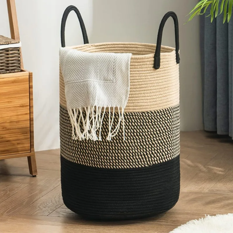 

Woven Rope Laundry Hamper Basket, 58L Tall Laundry Basket for Blanket Organizer- Clothes Hamper for Bedroom Storage