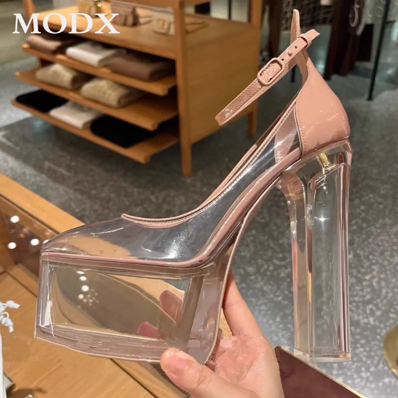 

Platform Transparent Heel Sandals PVC Waterproof A Word Buckle Sequins Thick Heel Sandal Sexy Splicing Design Party Runway Shoes