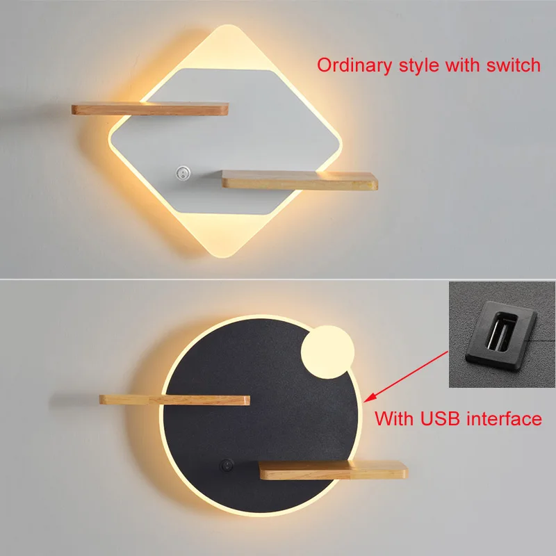 Lámpara de pared LED minimalista nórdica, estante de cabecera, cargador de teléfono USB, luz de lectura moderna para dormitorio, luces de pared de