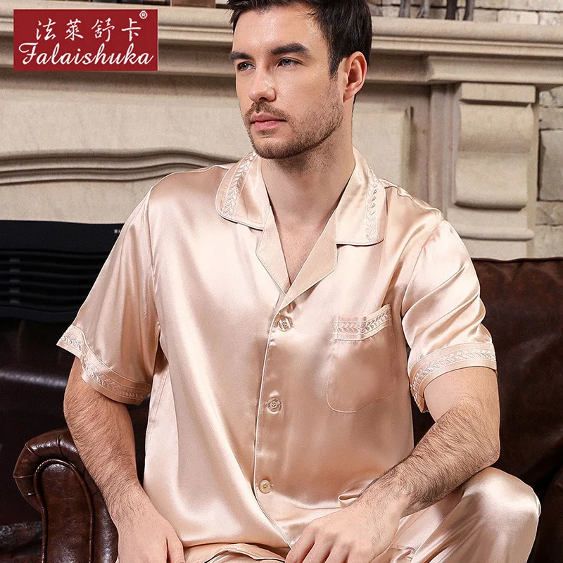 

19 momme 100% silk pajamas sets mens noble 100% mulberry silk short sleeve pyjamas for male natural silk homewear T9033