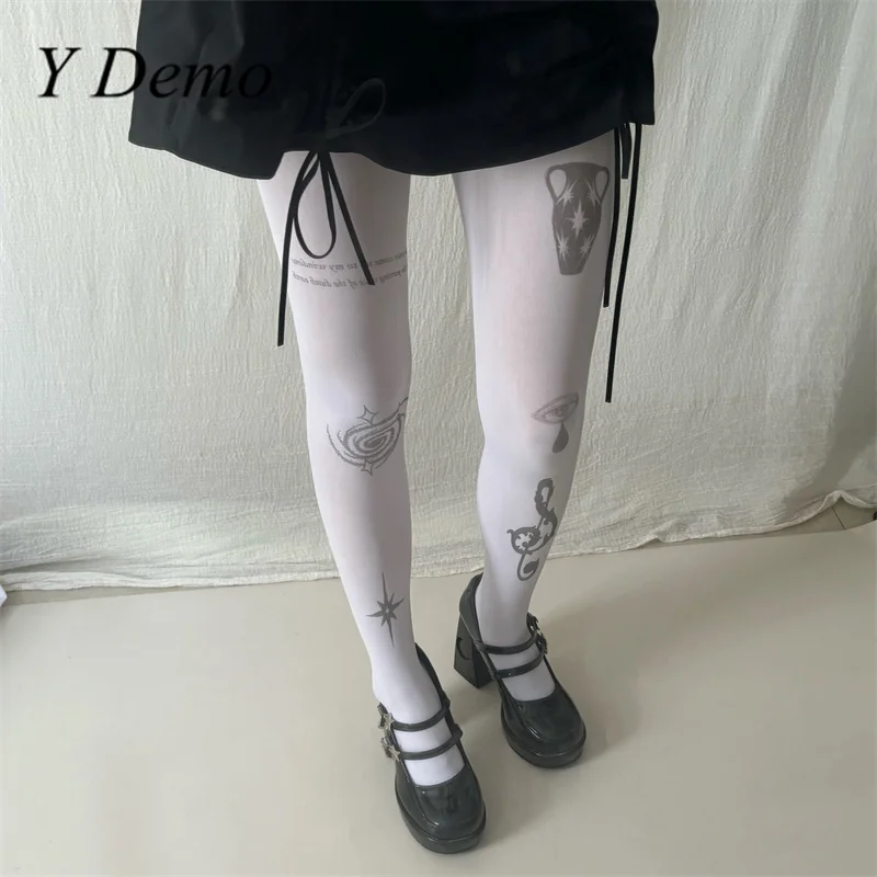 Y Demo Harajuku Stars Vortex White Stockings Women's Slim Printing Tights Retro Music Note Pantyhose