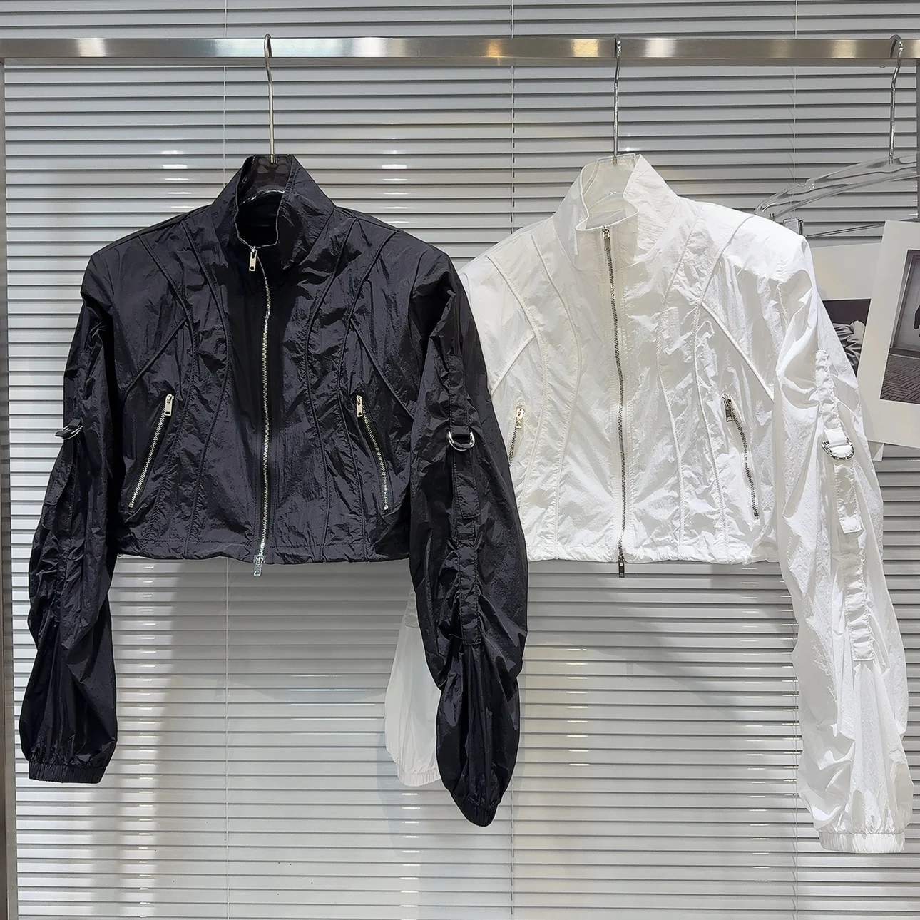 

Street Sle Spicy Girl Tie Sve Patchwork Design Lightweight Stand Collar Jaet ort Outerwear Mechanical Sle Thin Mat...