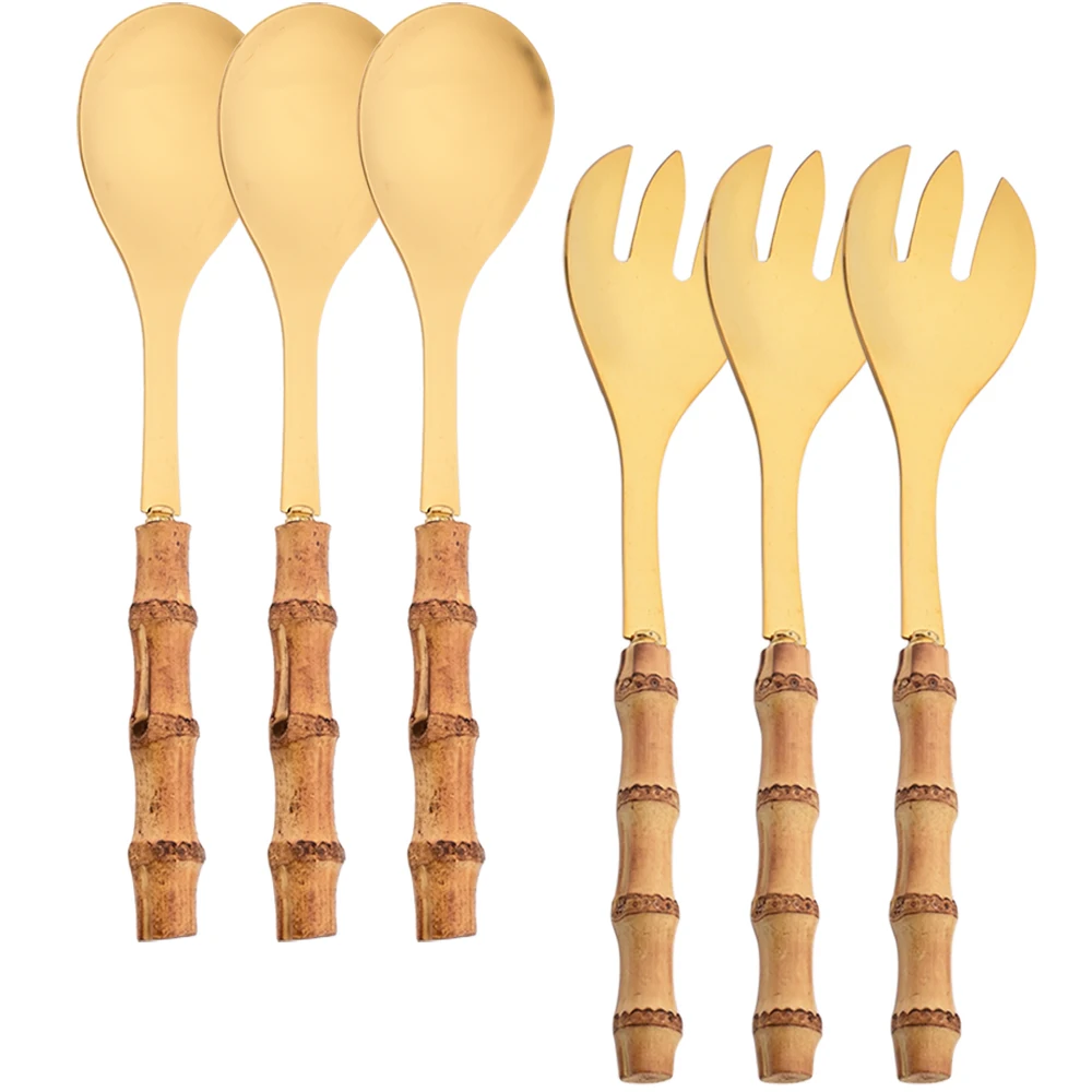 

Western Kitchen Gold Dinnerware Natural Bamboo Handle Cutlery Set 6Pcs Serving Fork Spoon Flatware Stainless Steel Tableware Set