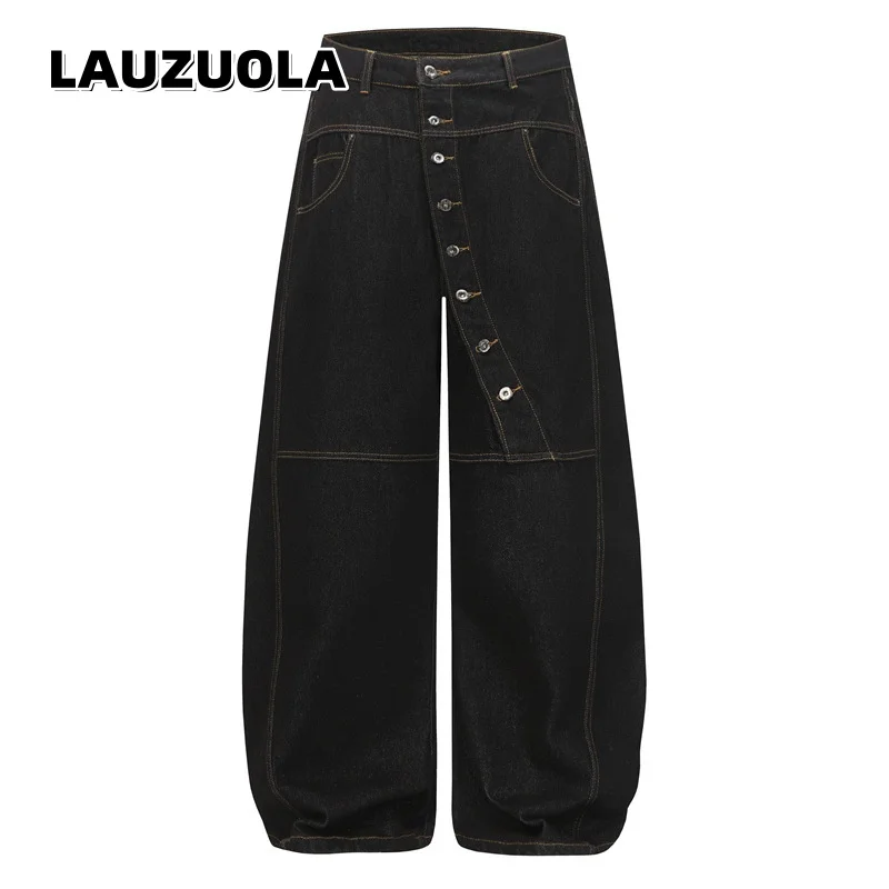 

2026 New Fashion Asymmetrical Button Baggy Jeans Men Loose Wide Leg Denim Trousers