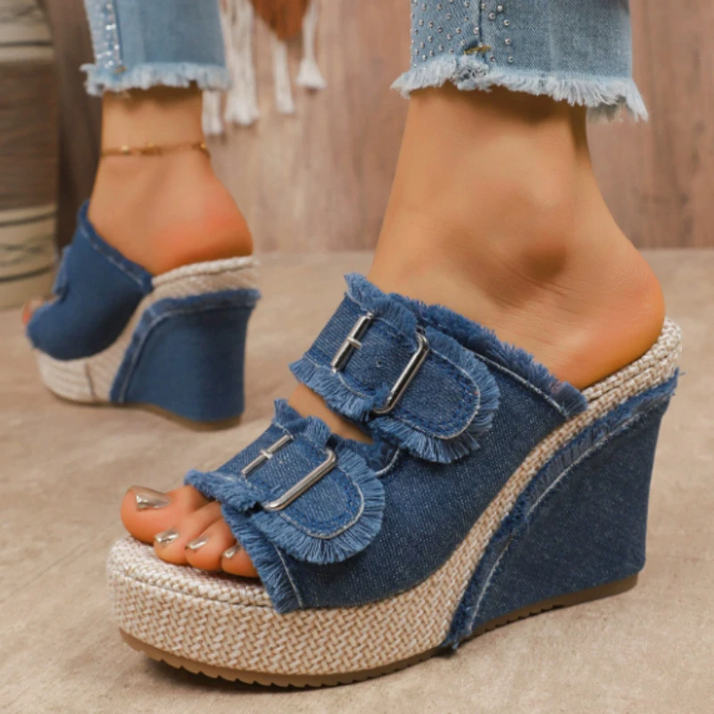 Thick Soled Slippers for Women Summer Chain Denim Chunky Heel Fashion Cross Slides Open Toe Outdoor Beach Woman Walking Slides