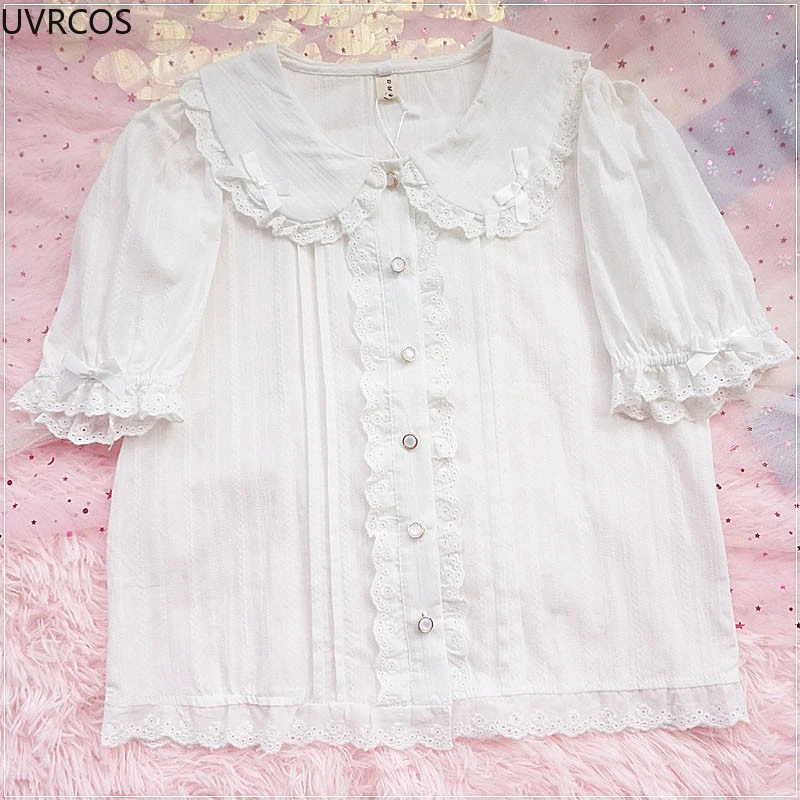 Japanese Kawaii Lolita Blouses Women Sweet Lace Bow Ruffles Peter Pan Collar JK Shirts Soft Girl Long Sleeve Cotton Blusas Mujer