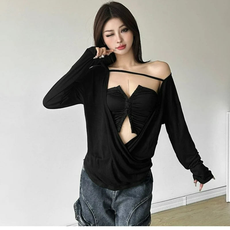 

Осенний комплект из двух предметов с выдолбленным крестообразным дизайном That Slimmers Figure, плиссированные футболки без бретелек на пуговицах для женщин