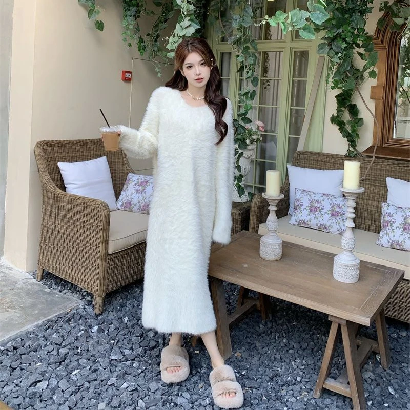 Women Long Nightgown Warm Thicker Solid Comfortable Streetwear Trendy Female Casual Soft Plush Korean Style Simple Loose Elegant