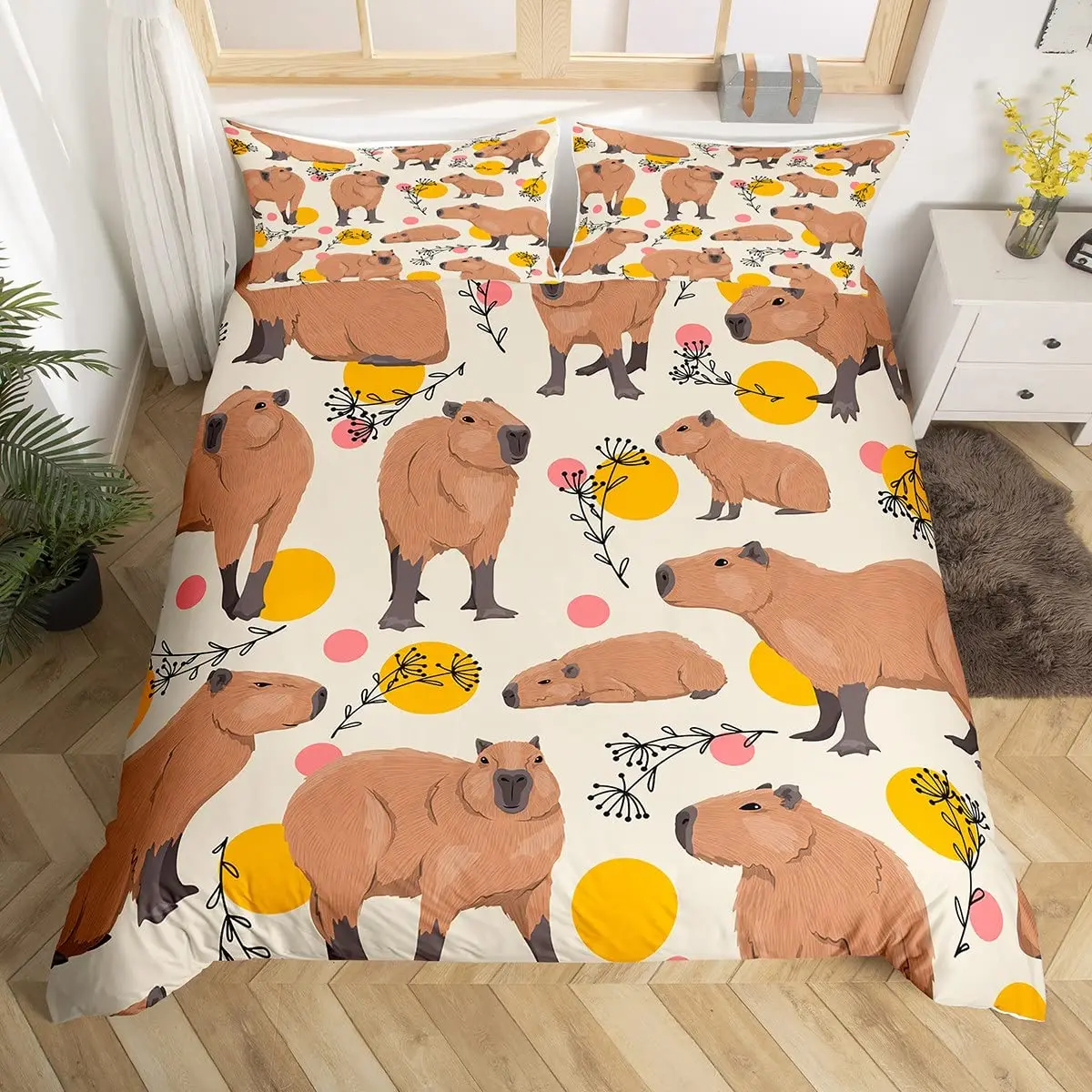 Capybaras Bedding Duvet Cover Queen Cute Animal Bedding Set Cartoon Funny Capybara Comforter Cover Microfiber Floral Quilt Cover