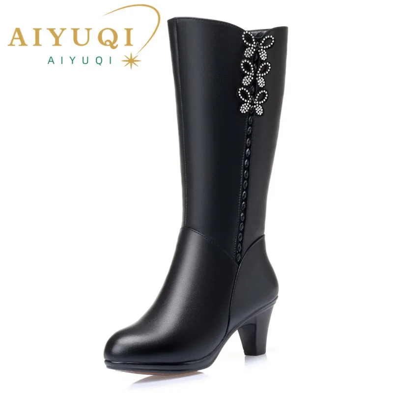 AIYUQI Women High Boots Shiny 2024 New Genuine Leather Wool Warm Women Winter Boots High Heel Fashion Office Boots Women