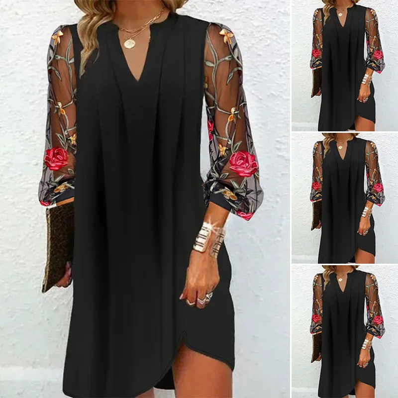 فستان بوهو برقبة على شكل V وأكمام طويلة مزهّر بطيات شفافة فستان ميدي أنيق صيفي لقضاء العطلات وحفلات الشاطئ للنساء شيفون كاجوال