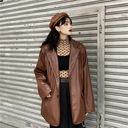 Korean Black Brown Leather Moto Jacket Vintage Warm Female Loose Long Sleeve Suit Blazers Fashion Streetwear Womens Coat