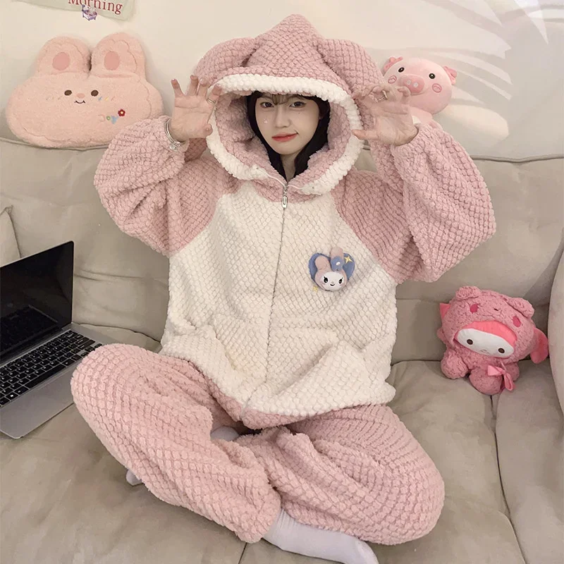 

Kawaii Sanrio My Melody Pajamas Cartoon Anime Autumn and Winter Velvet Thickened Zipper Hooded Cardigan Long Sleeve Homewear Set