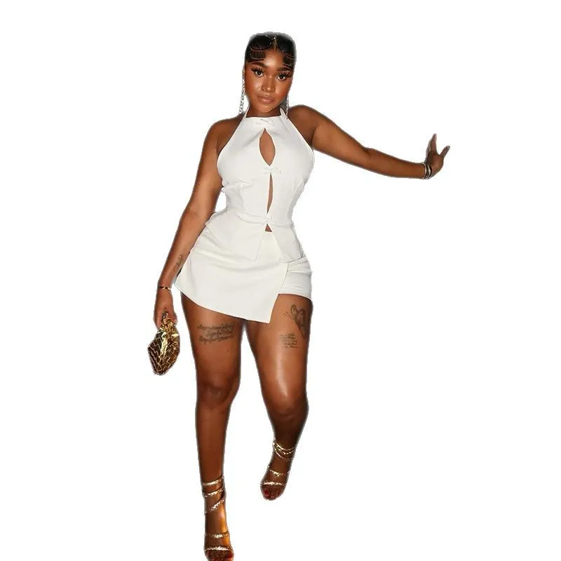 Conjuntos Sexys de 2 Piezas en Blanco y Negro para Mujer, Atuendos con Lazos, Top Halter sin Mangas con Espalda Descubierta y Minifalda a Juego