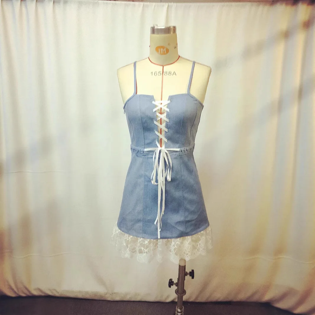 Sexy Lace Denim Sleeveless Suspenders Patchwork Women's Mini Dress Fashionable Lace Ruffle Elegant Women's A-Line Mini Dress