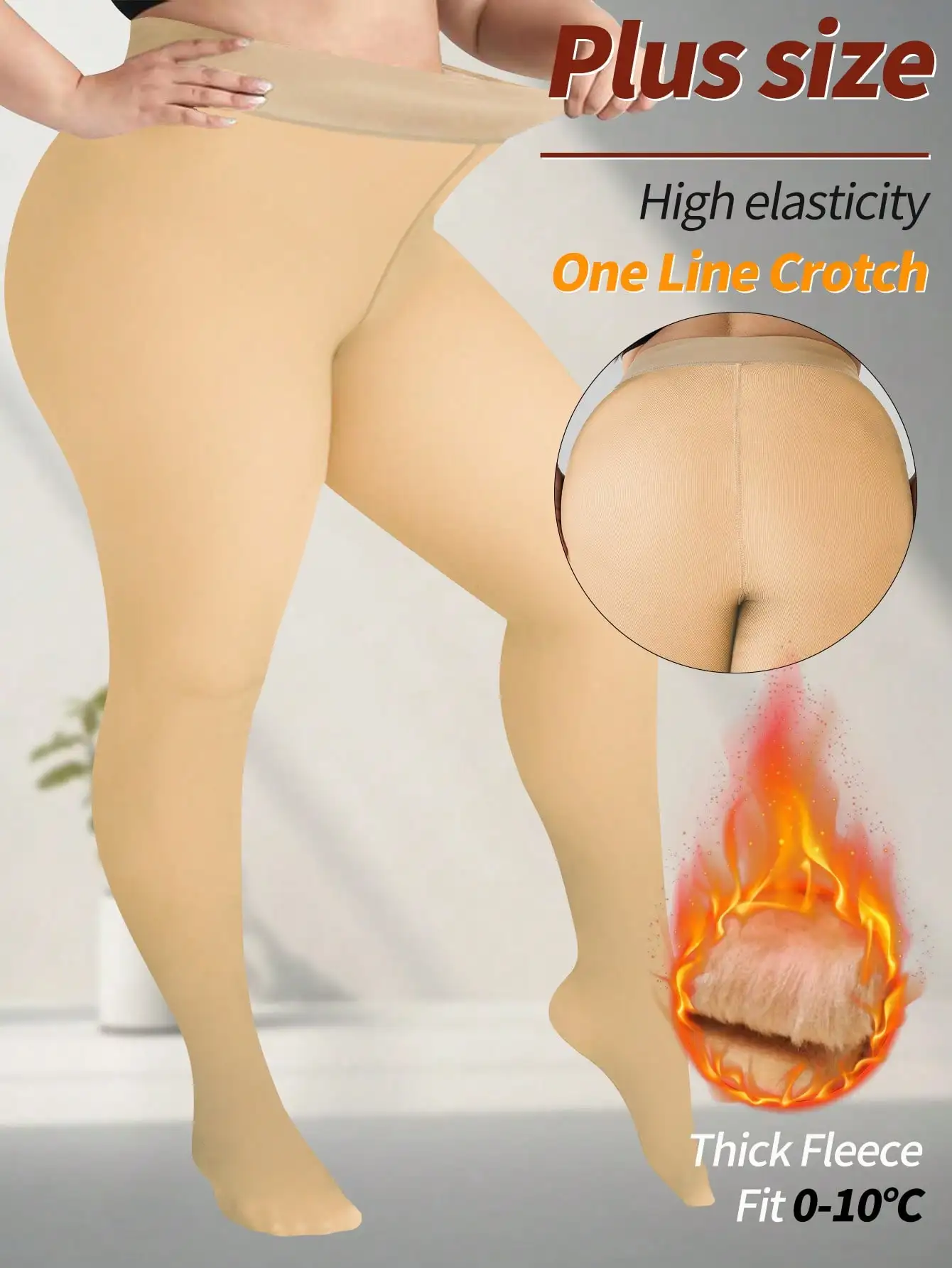 Plus Size Fleece-Lined Sheer Pantyhose, One-Line Crotch, High Elasticity, Warm for 0-10°C