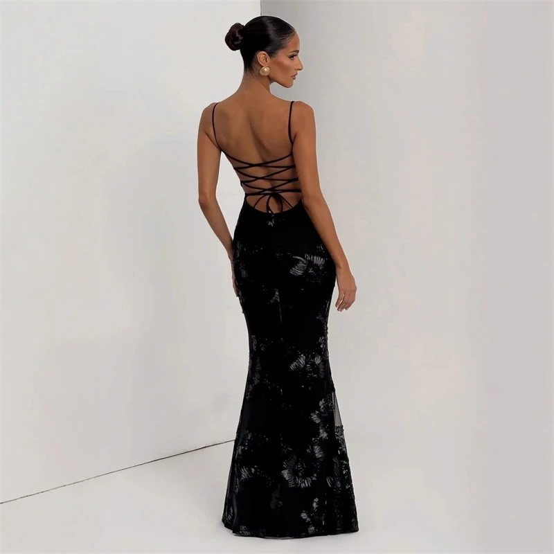 Floral Evening Gown Premium Gala Spaghetti Strap Fitted French Backless Solid Long Dress For Women Wedding Guest Party Elegant - view 3