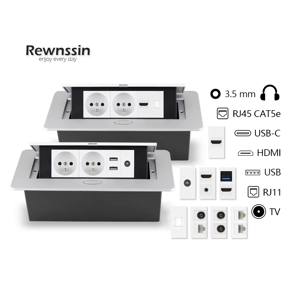 

Французская выдвижная розетка, серебристый корпус из алюминиевого сплава, встраиваемая в столешницу, с USB, RJ45 и портами для ТВ, для дома и офиса