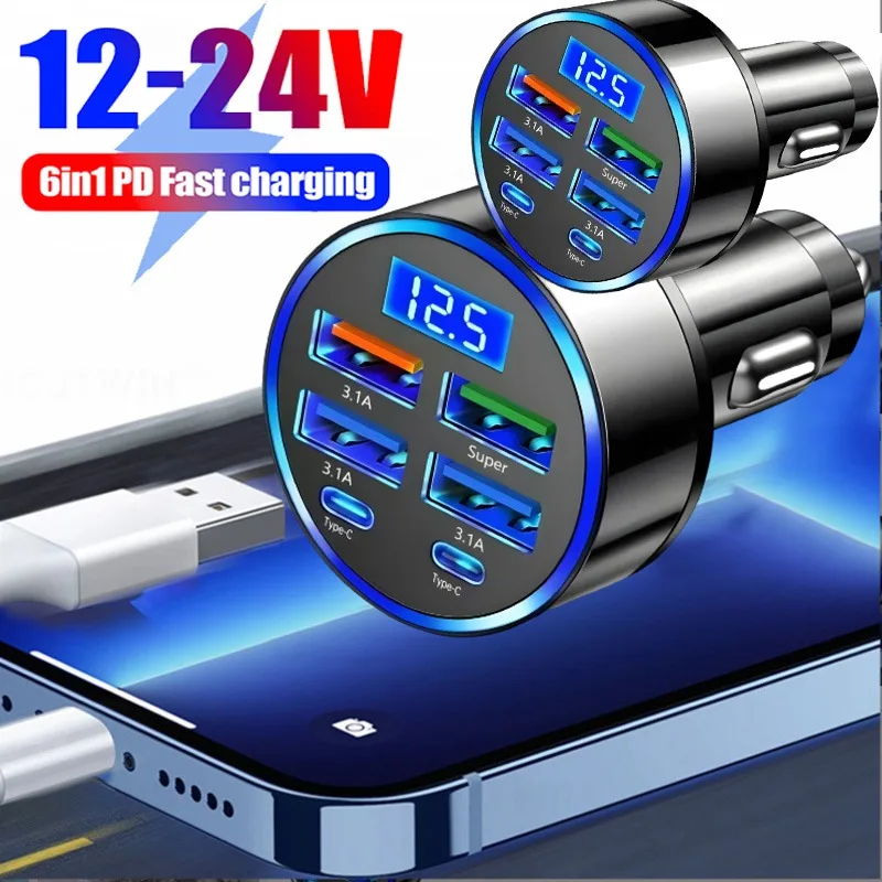Car Phone Charger Adapter with Voltage Display Dual PD Super Fast 12-24V for IPhone 15 Pro Max OPPO Samsung Huawei 6in1 USB