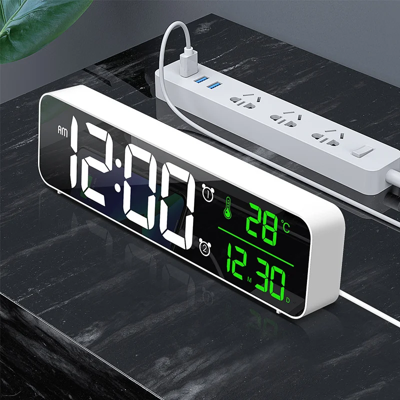 

LED Digital Alarm Clock Temperature Date Display Snooze USB Desktop Strip Mirror LED Clocks For Living Room Decoration