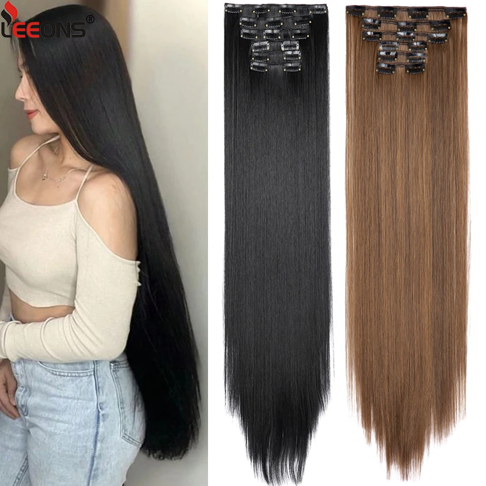 Extensiones de Cabello sintético para mujer, 16 clips, largo, 75Cm, 30 pulgadas, liso, negro, marrón, 6 unids/set, postizo grueso