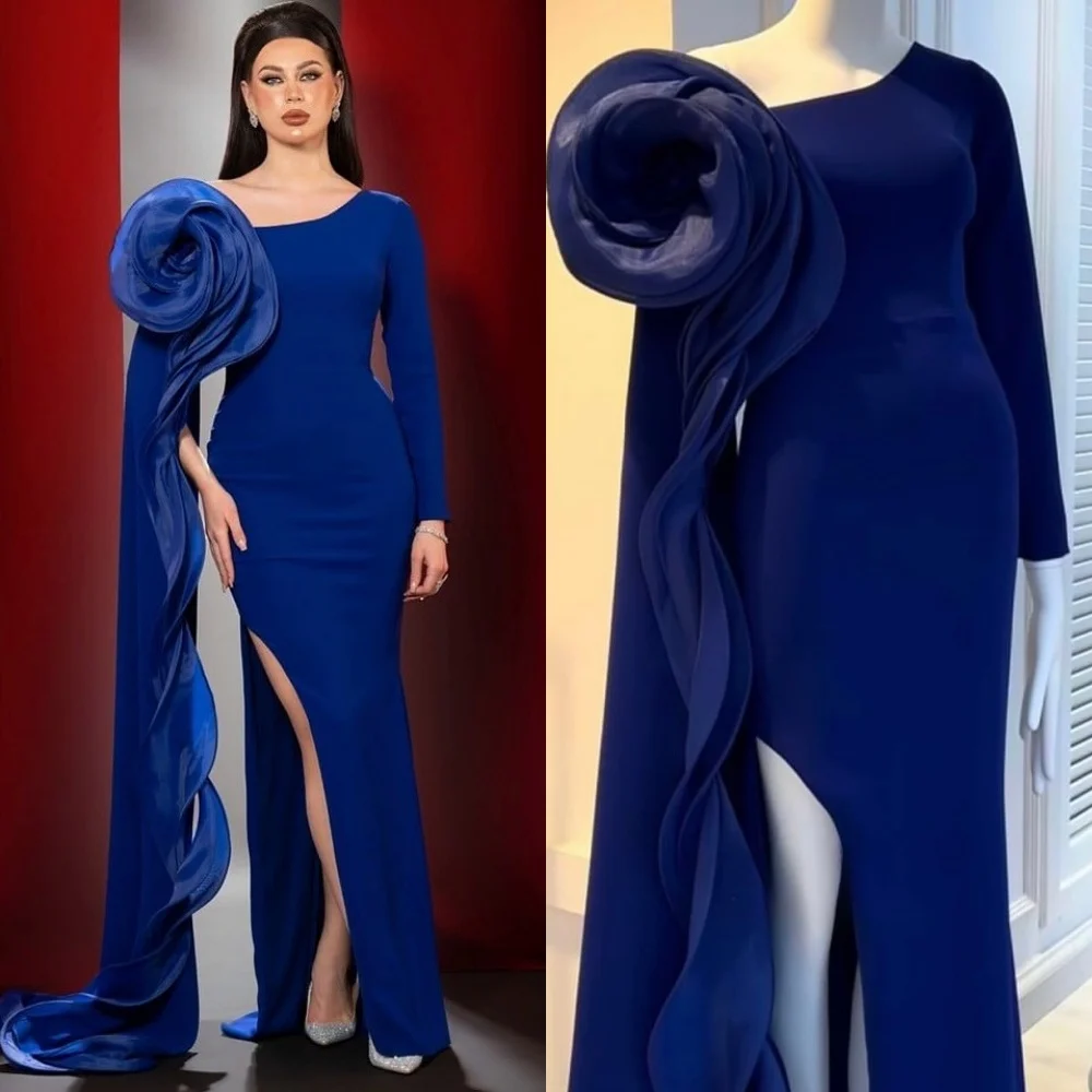 

Customized Exquisite Blue Jersey Evening Dress Temperament Scoop Cap Sleeve Half Sleeves Zipper Back Mermaid Homecoming Dress