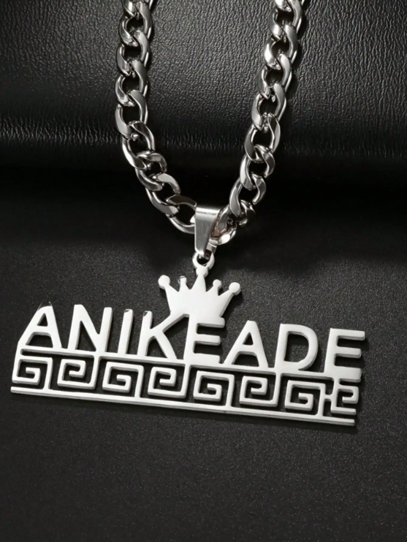 Personalized name necklace, custom Cuban chain and Crown design with rectangular frame and 304 stainless steel bead chain