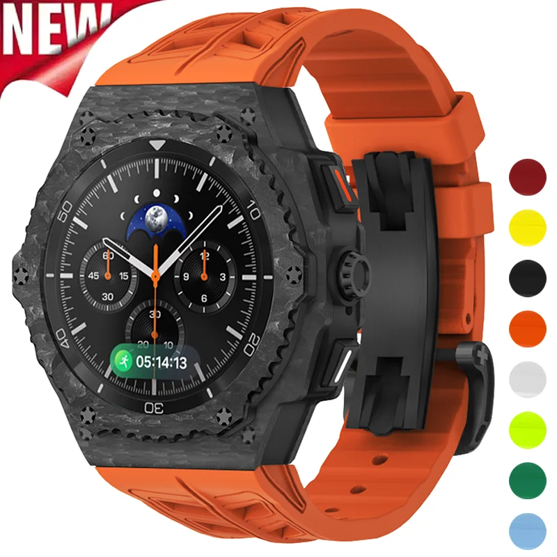 Luxury Metal Modification Kit for Samsung Galaxy Watch 8 Classic 46mm Carbon Fiber Case Fluororubber Strap Mod Kit DIY Accessory