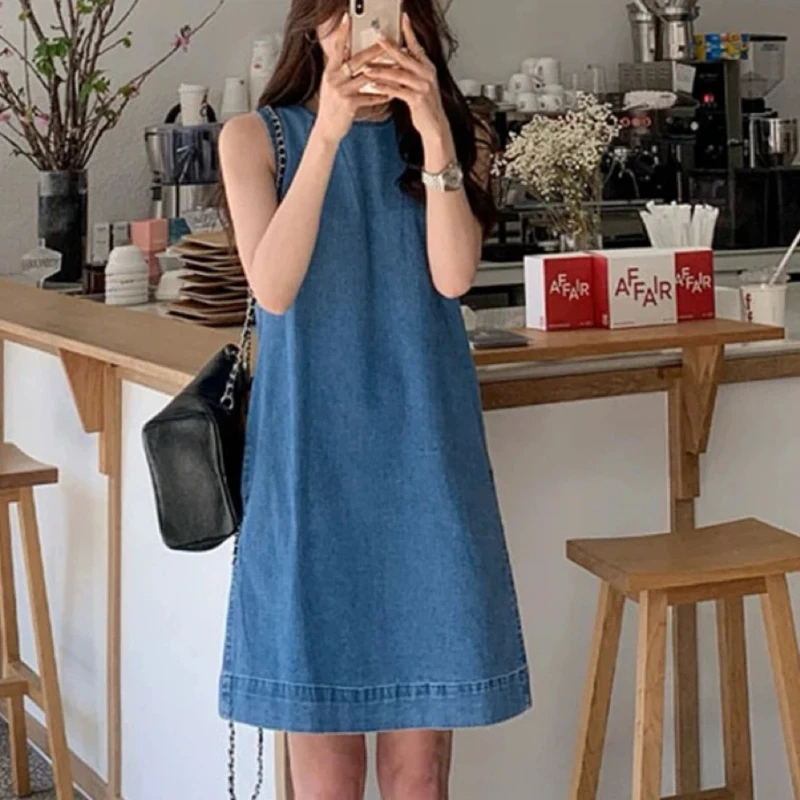 Denim Women's Dresses for 2026 Summer Loose O-Neck Simple Lady Vestidos Sleeveless Jeans Female Robe Clothing KE805 - view 2
