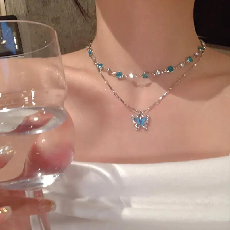 Y2K Romantic Blue Crystal Butterfly Necklace for Women Girls Shiny Zircon Double Layered Choker Clavicle Chain Jewelry Gift