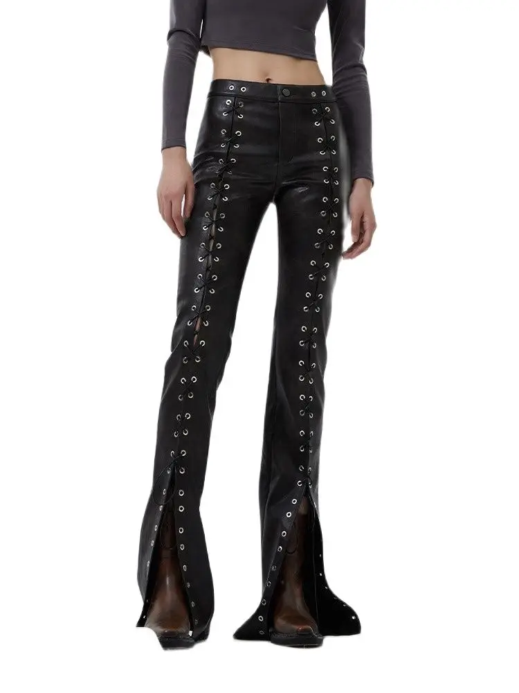 27-46 2024 Men Women GD Punk Niche Performance Tie PU Micro Flare Leather Pants Lovers Trousers Plus Size Singer Costumes