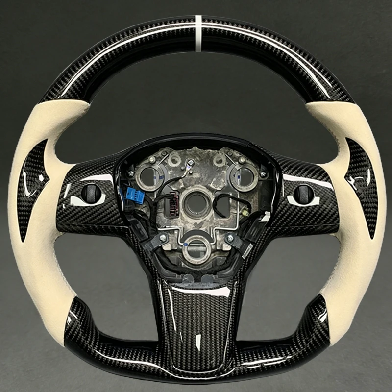 

Black Carbon Fiber Steering Wheel for Tesla Model 3 with Beige Suede DIY Color for Tesla Model 3 Model Y 2021 2019 2022 Hot New