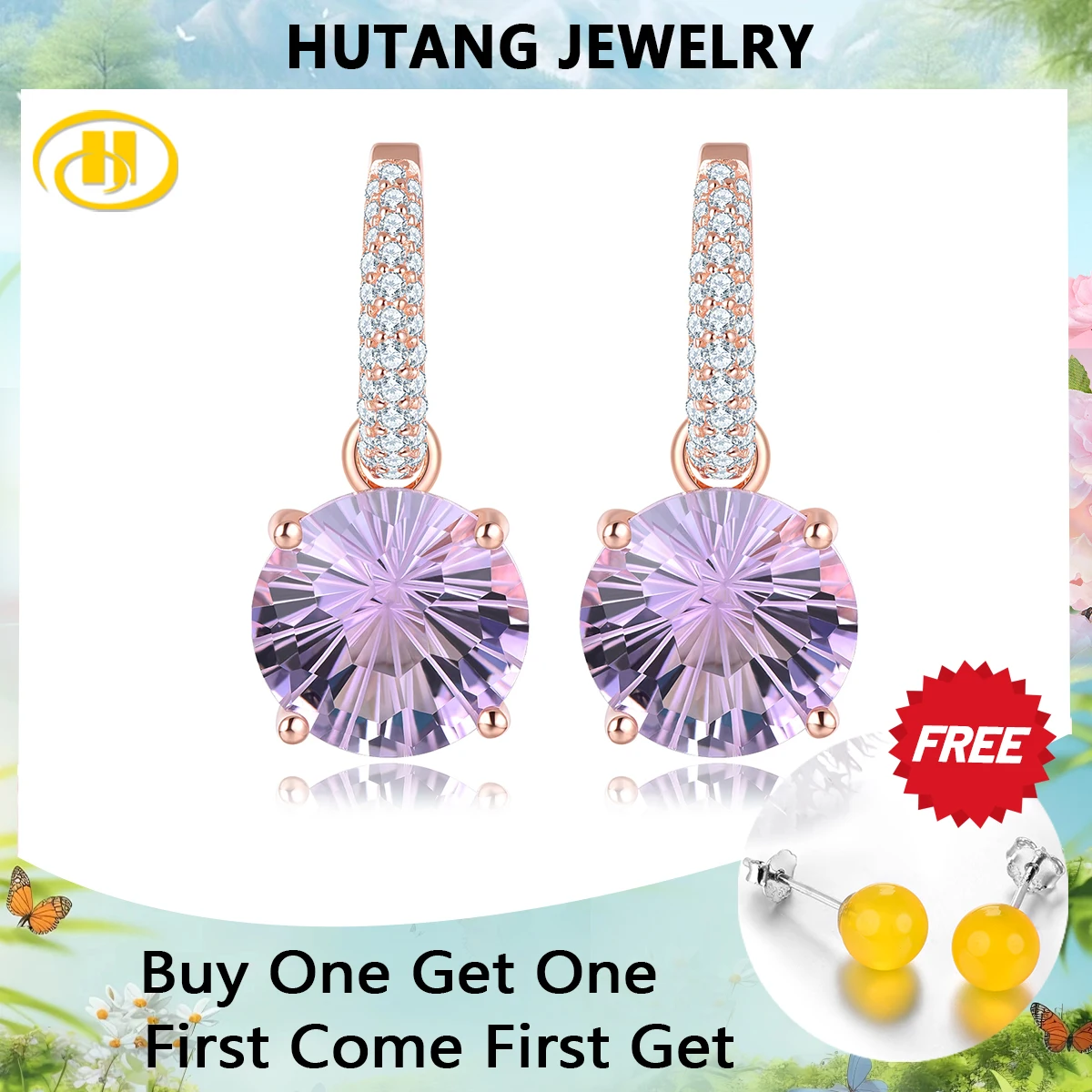 

Natural Pink Amethyst Sterling Silver Drop Earring 12.8 Carats Genuine Gemstone Professional Firework Cutting Romantic Style