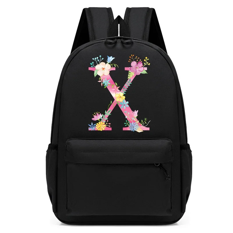 

Canvas Teenagers Backpack 26 Floral Alphabet Lightweight Student Schoolbag Travel Backpack English Printed Fashion Student Bags