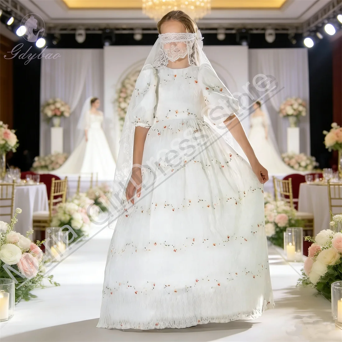 Embroidered Sticker Customized Flower Girl Dress Balloon Sleeve First Communion Dress Kids Custom Wedding Beauty Pageant Gown