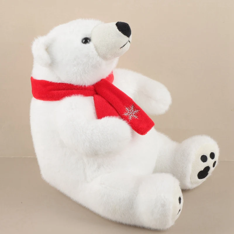 Großfüßiger Sitzender Eisbär Plüschtier mit Rotem Schal Flauschiges Gestopftes Eisbär-Kuscheltier Weiches Rundes Wildtier Zoo-Souvenir – Detail 5