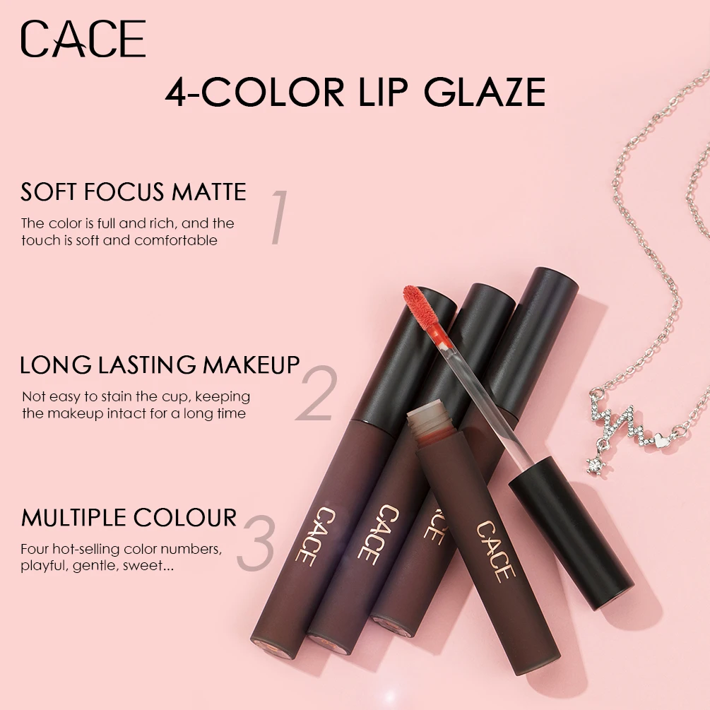 CACE 4Pcs Lip Gloss Set Matte Red Tint for Lips Makeup Long Lasting Water Fog Fox Lip Glaze Waterproof Lipstick Kit Cosmetic