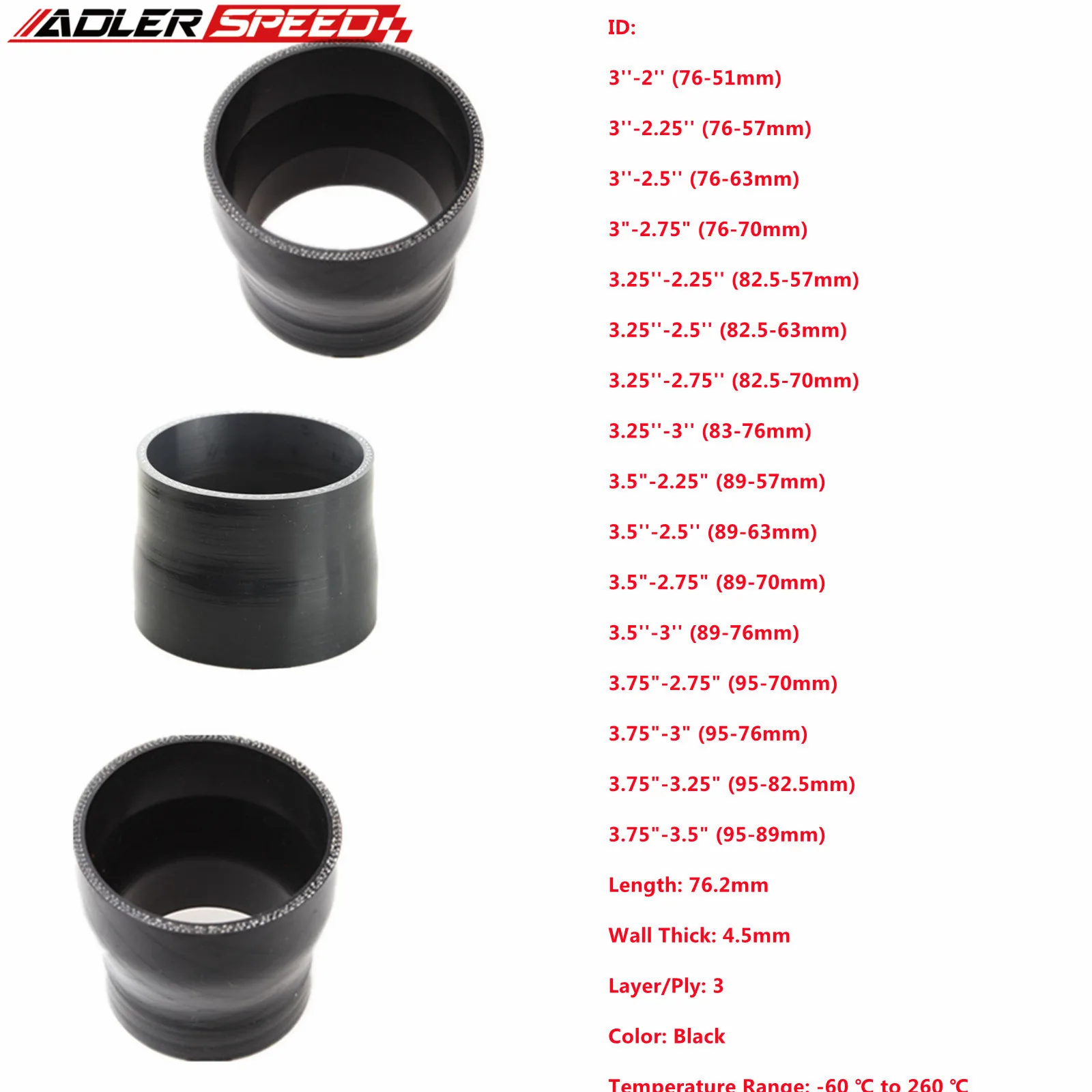 

Universal 3/3.5/4/5'' To2/2.25/2.5''ID Reducer Silicone Tubing Braided Hose Car Intercooler Turbo Mechanical Plumbing Connecting