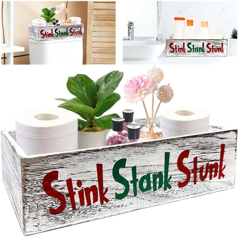 2 piezas de madera Stink Stank Stunk decoración del baño, Stink Stank Stunk Decor, Stink Stank Stunk decoración del baño caja de papel higiénico