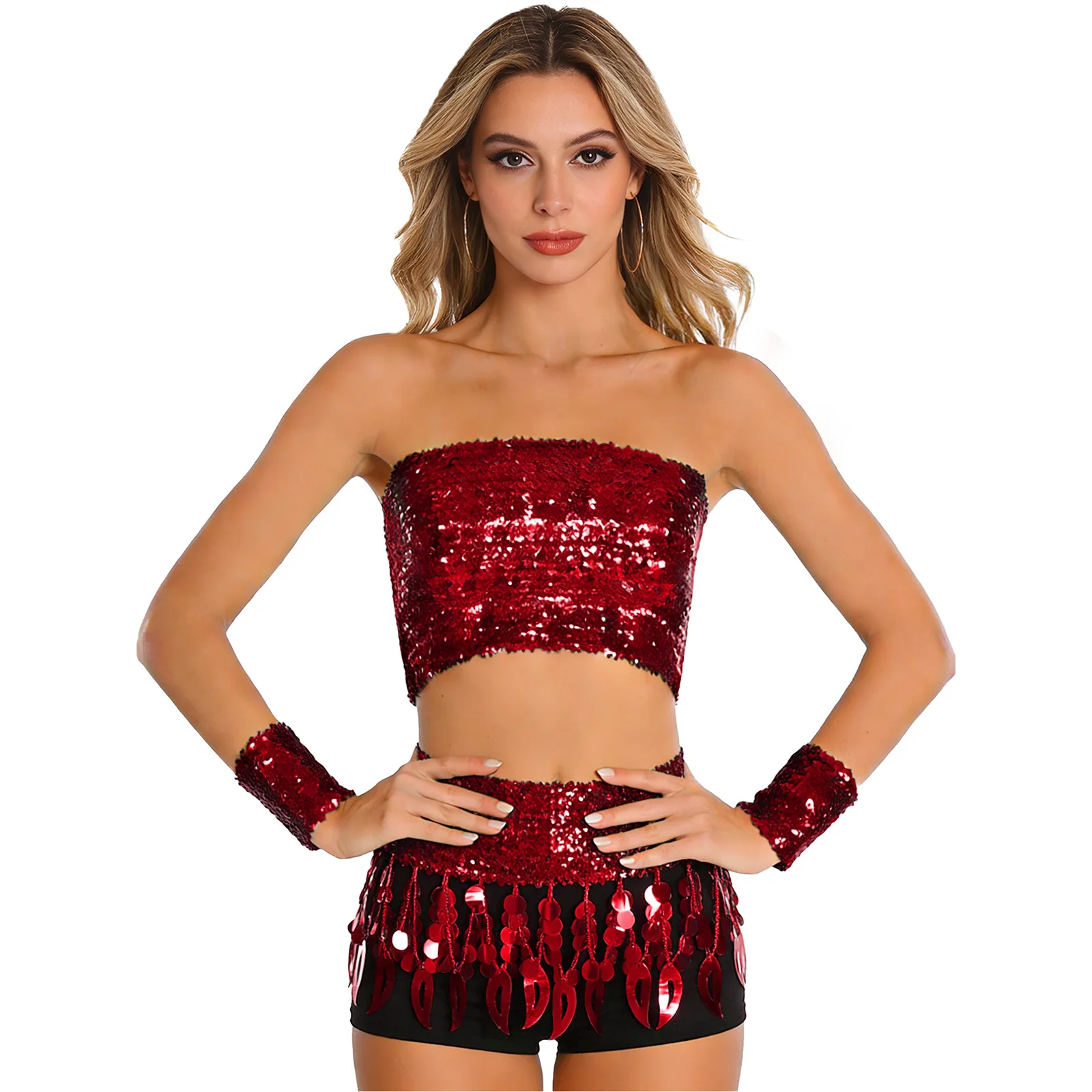 

Женский модный блестящий топ для восточных танцев с пайетками, с браслетами и мини-юбкой с бахромой для ночных клубов, танцевальных выступлений и ча-ча-ча