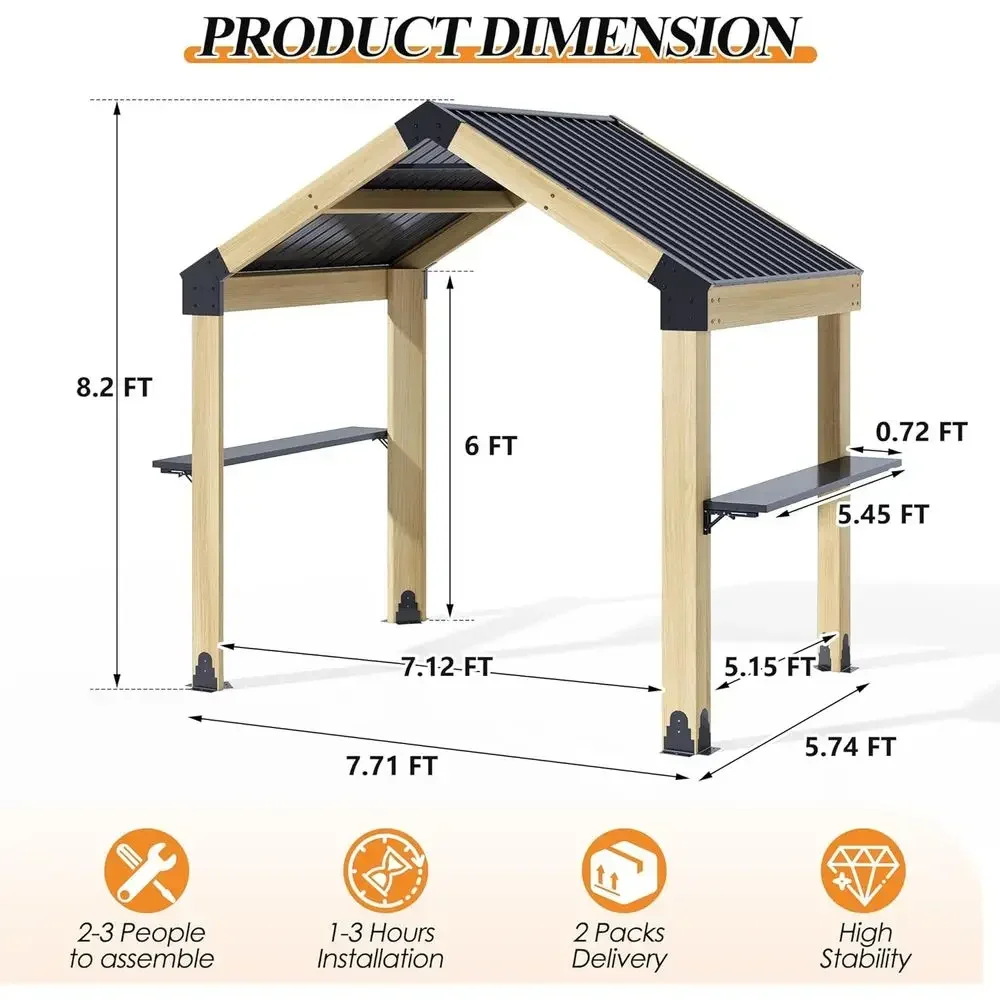 7.7'x5.7' Outdoor Grill Wood Gazebo - Hardtop Gazebo with 2 Side Shelves and Galvanized Steel Roo, Patio Wooden BBQ Pergola or G