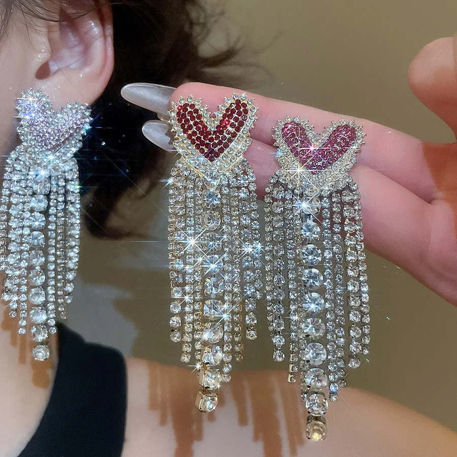 Süße Rosa-Lila Herz-Strass Ohrhänger für Damen Lange Quasten-Kristall-Ohrringe Statement-Schmuck für Festlichkeiten K