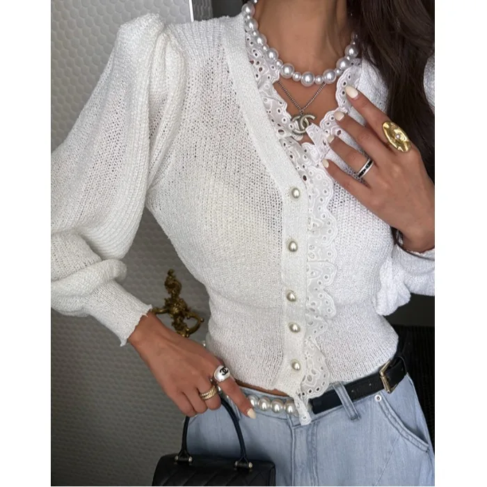 2026 New Korean Style Pearl Button Splice Lace Knitwear Loose Fit Cardigan Fashion Design High Sensation Women's Sweater