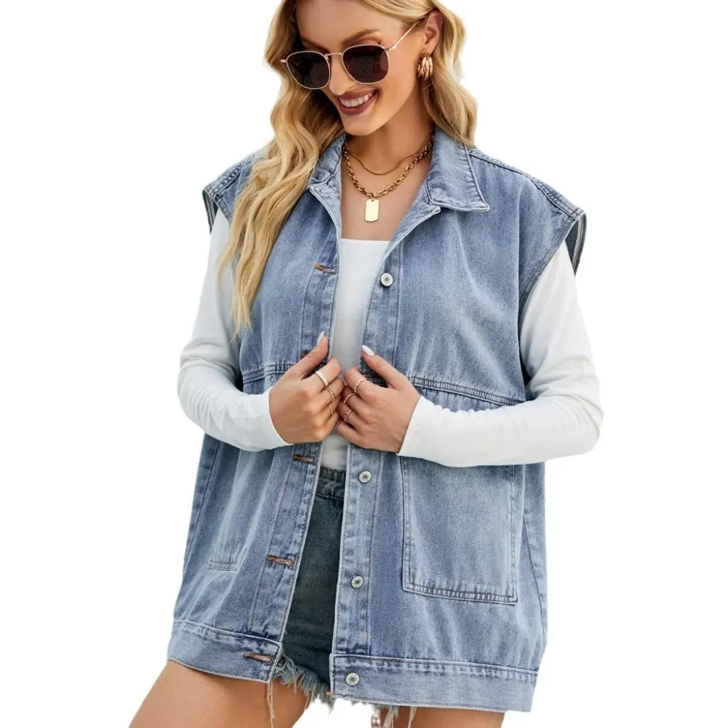 

Женский модный джинсовый жилет без рукавов, жилет на плечо, модный топ в европейском и американском стиле для