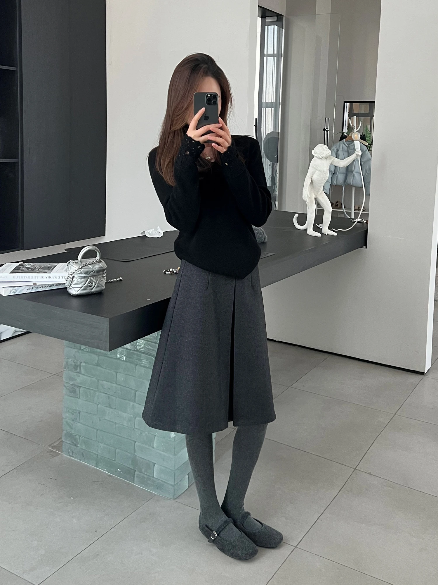 

Deep ey A-Line Split f-length Skirt Women's Winter 2025 New Sle Casual High Waist Polyester Blend Skirt